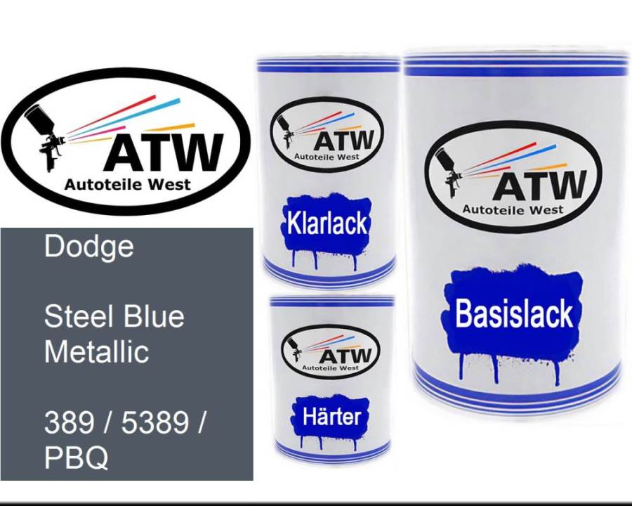 Dodge, Steel Blue Metallic, 389 / 5389 / PBQ: 500ml Lackdose + 500ml Klarlack + 250ml Härter - Set, von ATW Autoteile West.